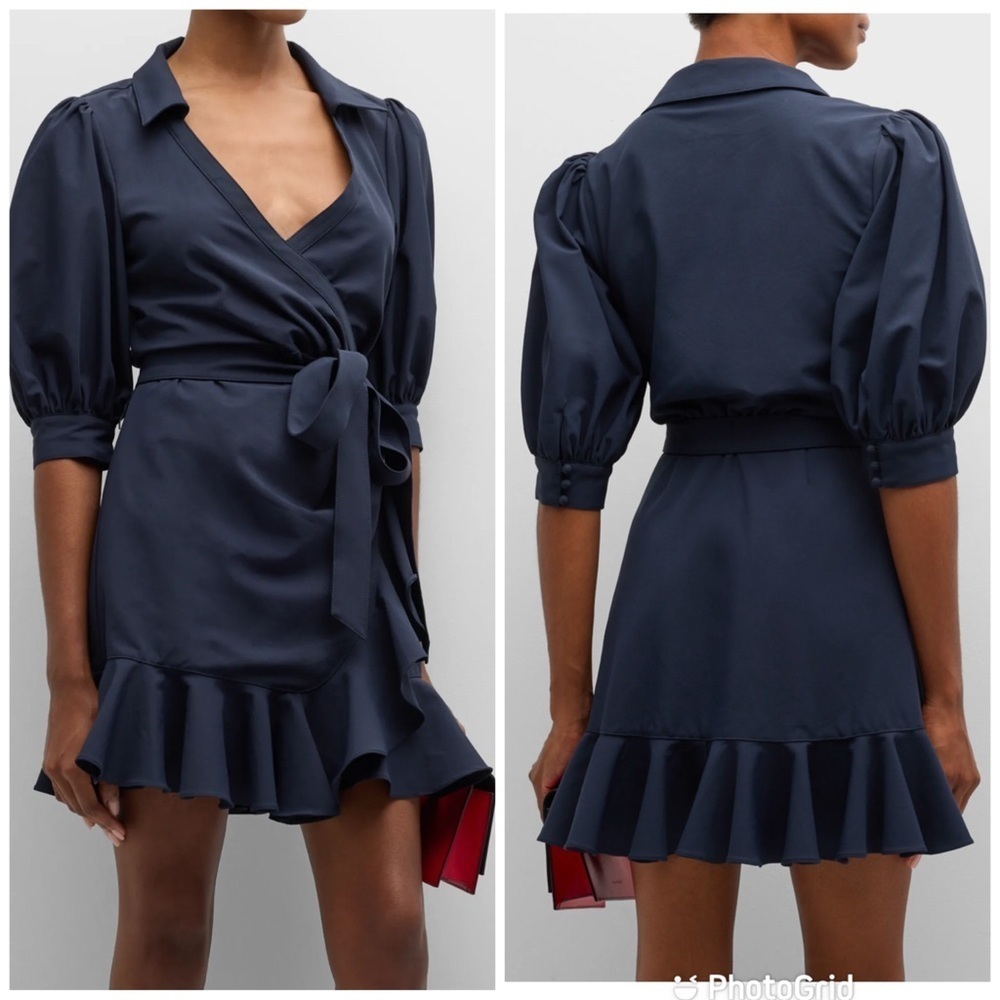 Cinq A Sept Vickie Puff-Sleeve Ruffled Mini Wrap Dress in Navy New With Tags!